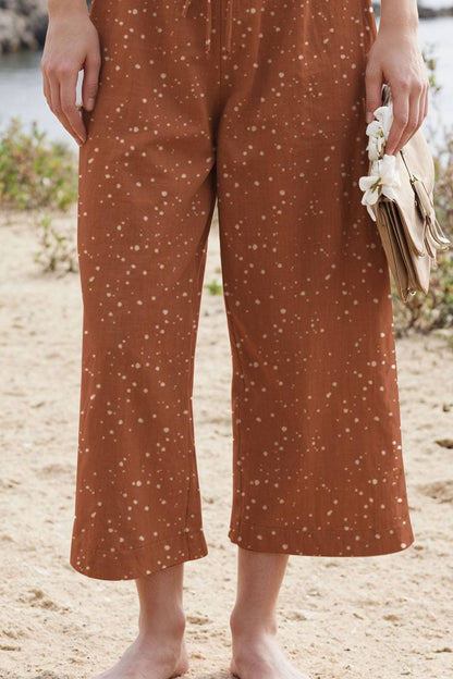 Casual Daily Print Pants Brown Linen Floral Drawstring Straight-Leg Pants