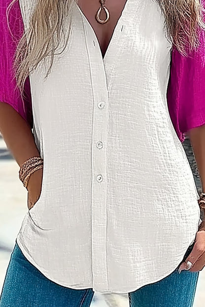 Casual Vacation Shirt Sleeve Color Block Linen Side Pocket Top