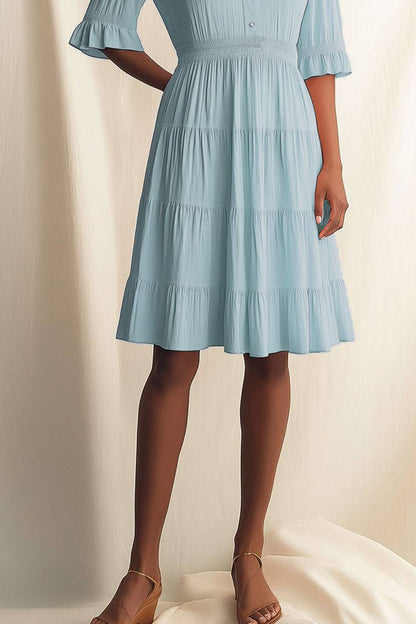 Bohemian Dress Collarless Button-Down Ruffled Knee-Length Dress