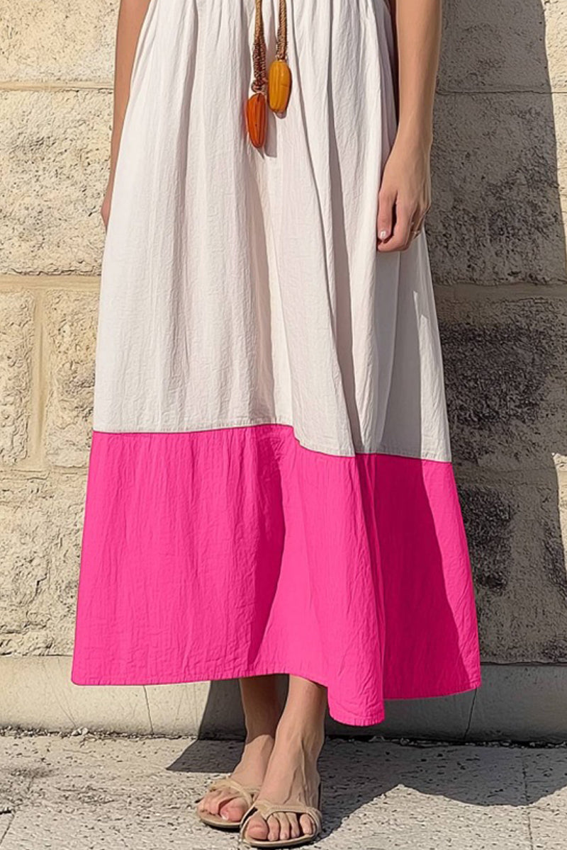 Vacation Casual Loose Dress White Crew Neck Color Block Short Sleeve Maxi Dress