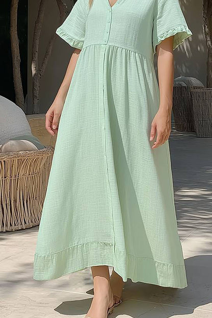 Vacation Casual Dress Light Green Buttoned Round Neck Maxi Dress