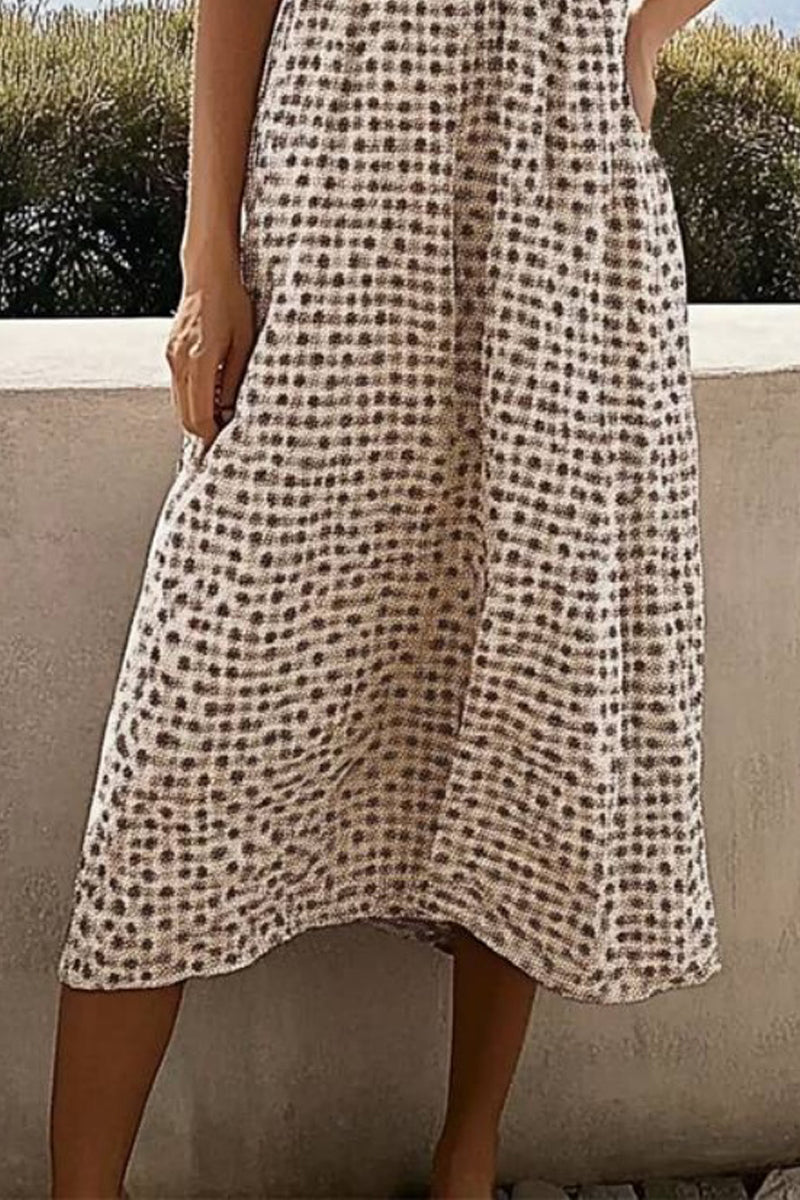 Vacation Casual Loose Dress Khaki Strap Plaid Sleeveless Midi Dress