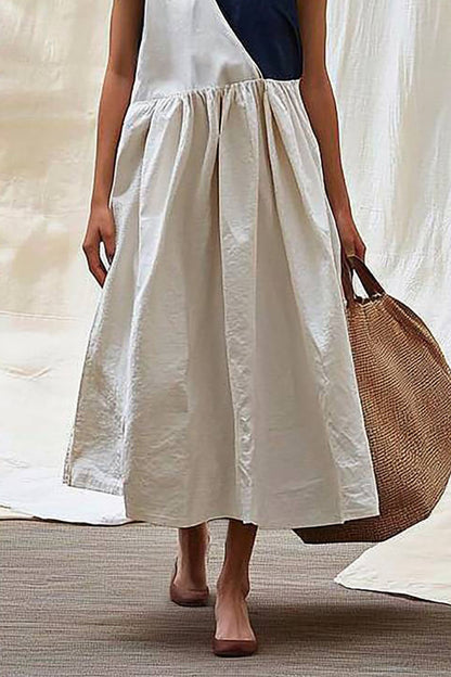 Daily Casual Bohemian Dress Black-White Color Block Sleeveless Midi Dress