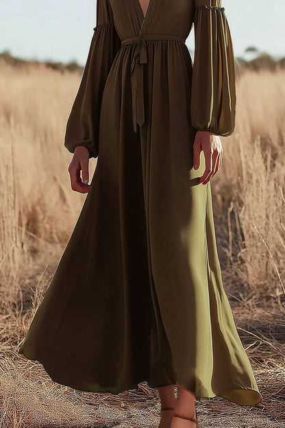 Bohemian Casual Dress Green Long Sleeve Deep V Chiffon Maxi Dress