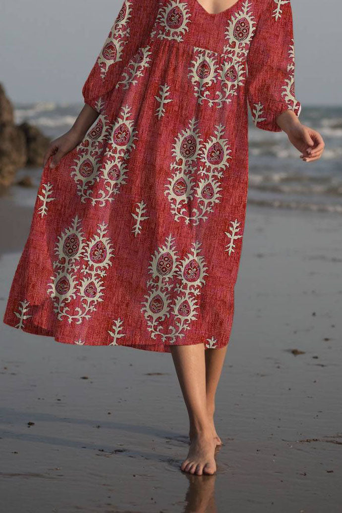 Bohemian Vintage Floral Dress Red Large Round Neck Loose Midi Dress