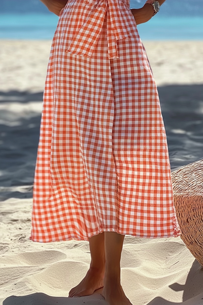 Vacation Casual Loose Dress Pink V Neck Plaid Half Sleeve Maxi Dress