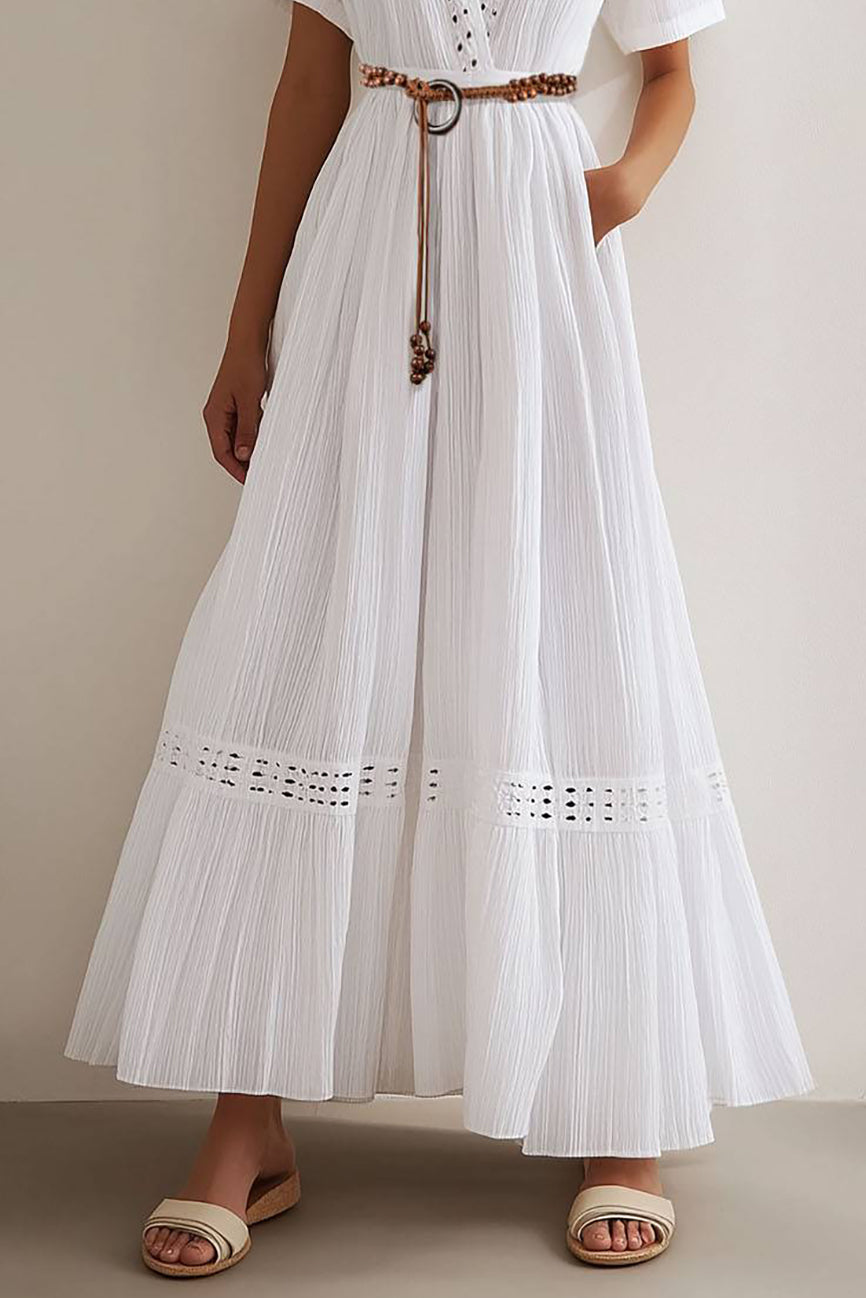 Casual Bohemian Dress Cross V-Neck Belt with Pockets Maxi Dress