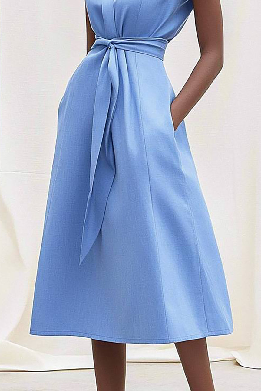 Chic Casual Dress Belted Crossed Neck Pocketed Midi Dress