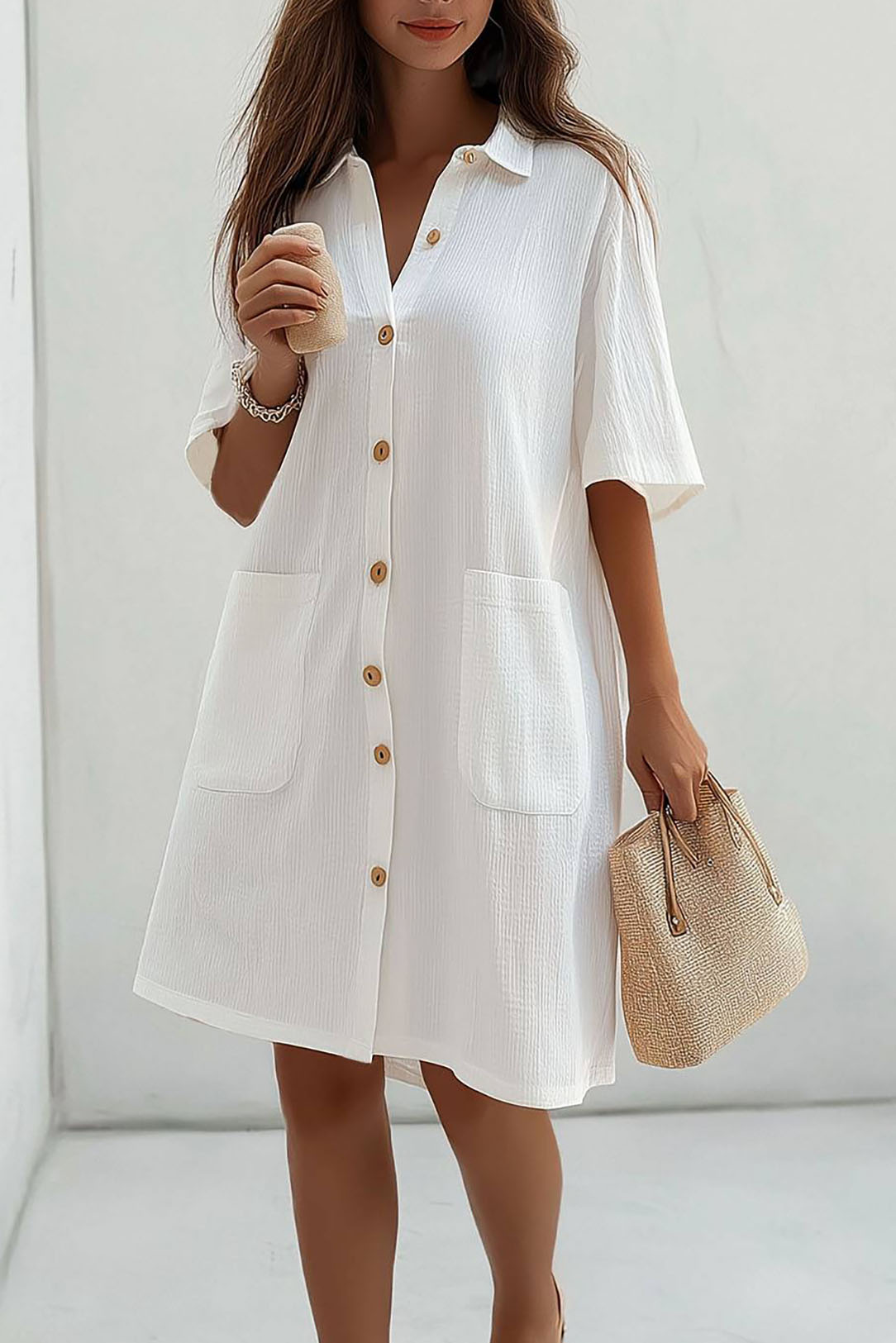 Daily Casual Shirt Dress Collared Buttoned Short Sleeve Pocketed Knee-length Dress