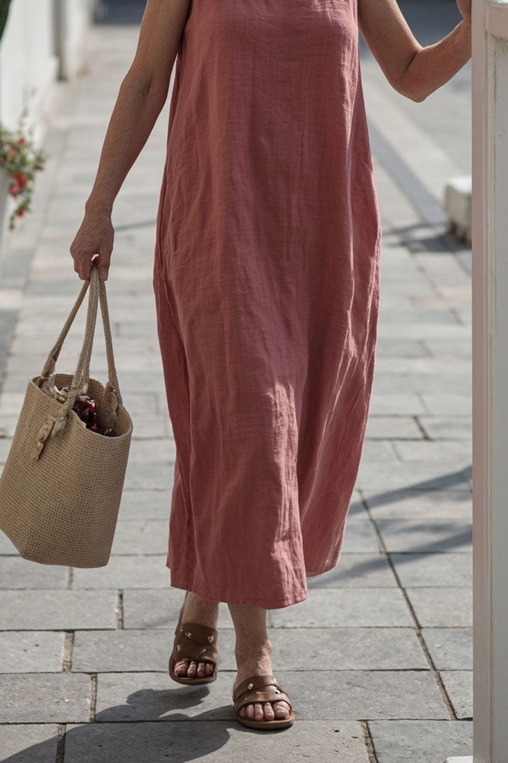 Casual Linen Loose Dress Light Red Crew Neck Sleeveless Midi Dress