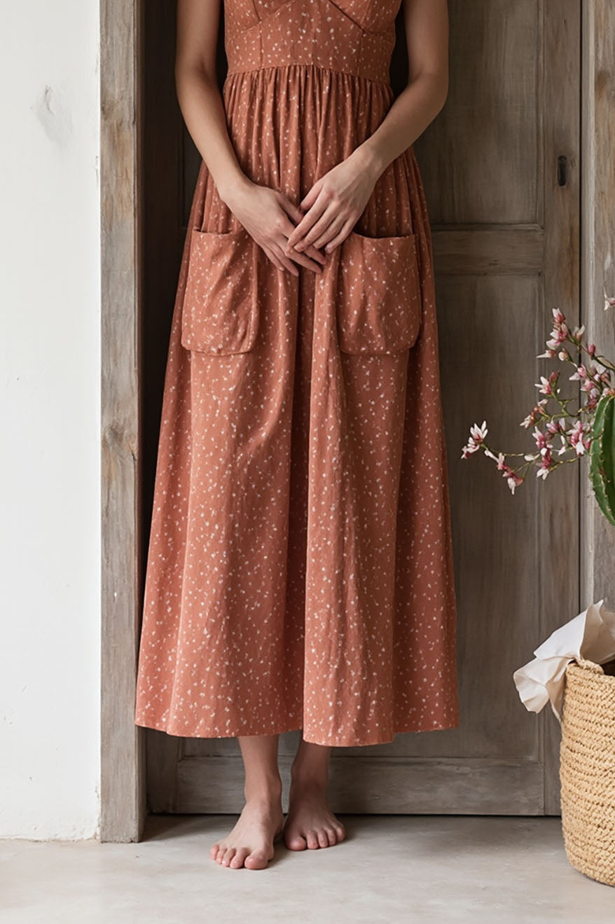 Casual Daily Floral Dress Brown Linen Floral with Pocketed Midi Dress