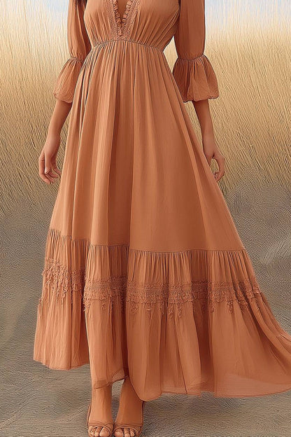 Bohemian Vintage Dress Deep V Neck Ruffle Sleeve Lace Maxi Dress