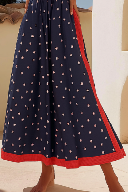 Vacation Casual Loose Dress Navy Blue U Neck Dot Sleeveless Maxi Dress