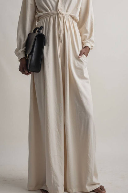 Beach Vacation Linen Dress Long Sleeve Pocket Deep V Maxi Dress