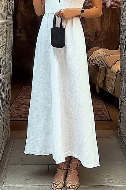 Daily Casual Linen Dress Deep V-neck Simple Sleeveless Maxi Dress