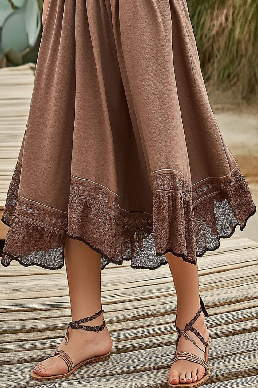 Vintage Bohemian Skirt Lace-Trimmed Elastic Waist Midi Skirt