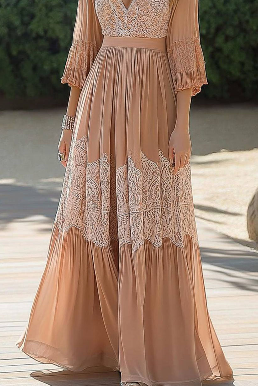 Vacation Bohemian Dress Lace V-Neck Light Orange Floor-Length Dress