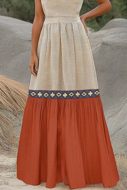 Bohemian Vacation Linen Dress Halter Color Block Maxi Dress