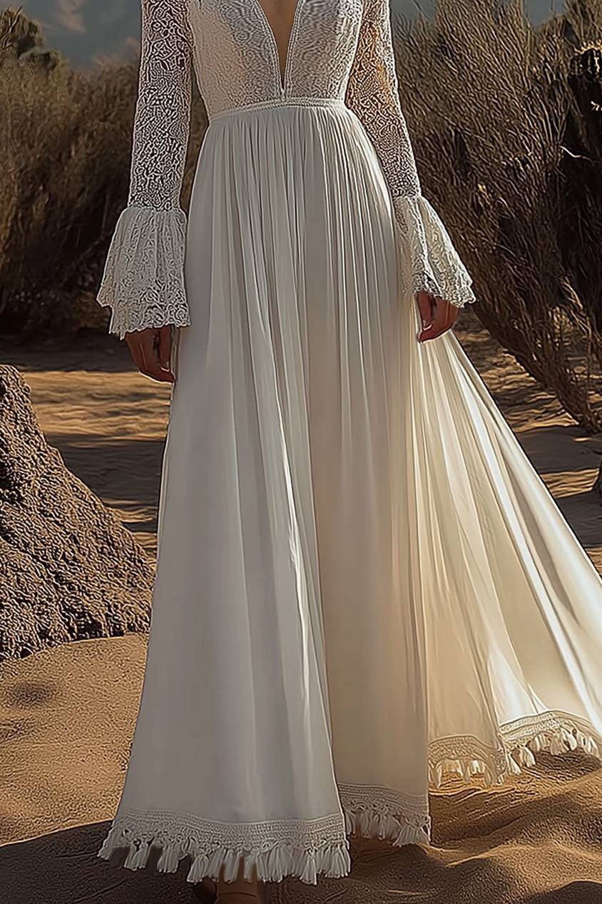 Bohemian Vintage Dress Lace Long Sleeve Tassel Deep V Floor-Length Dress