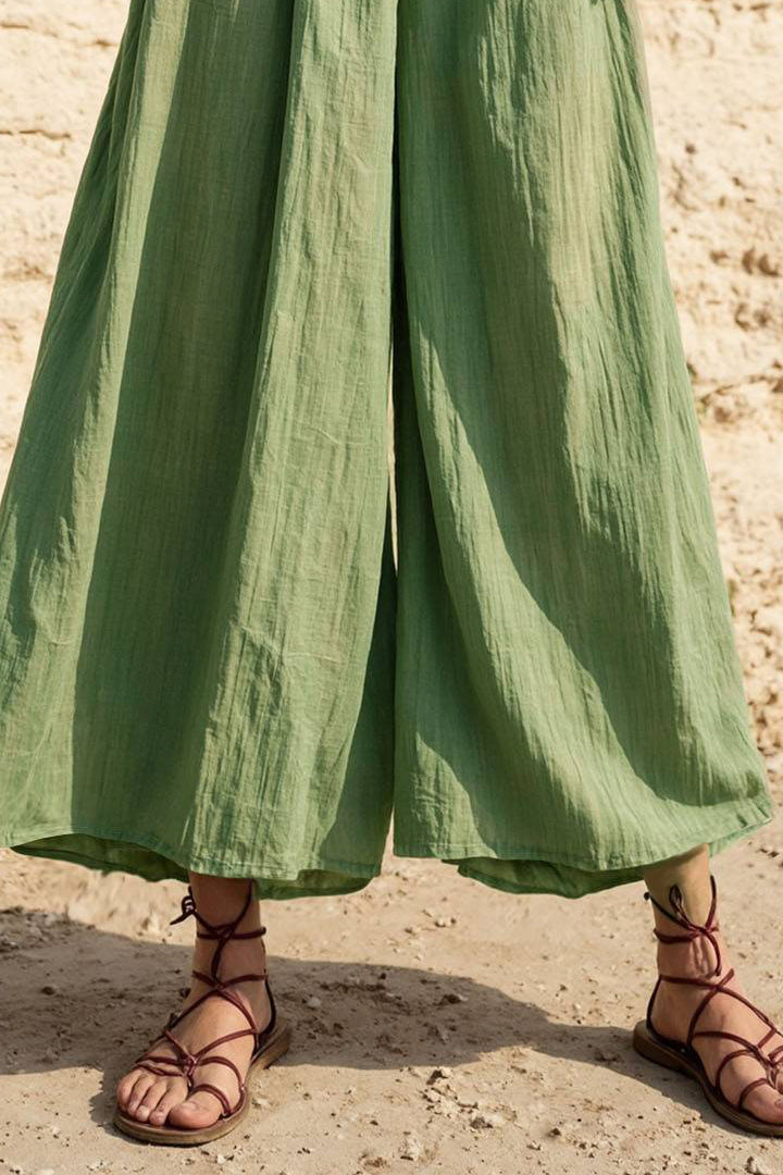 Vintage Bohemian Long Pants Elastic Waist Green Wide-leg Pants