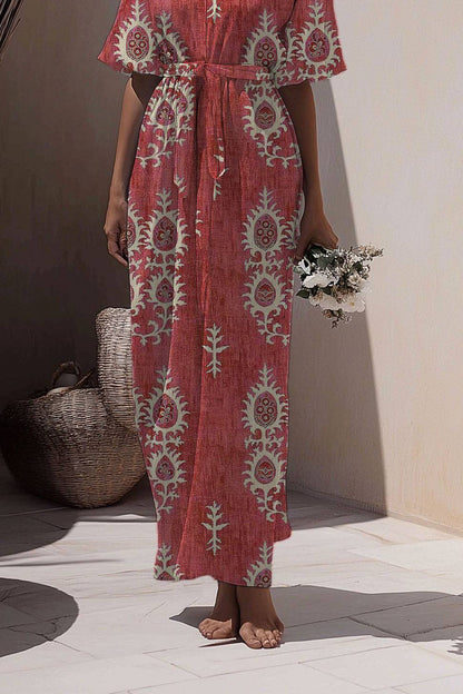 Bohemian Print Dress Red V-Neck Tie Waist Maxi Dress