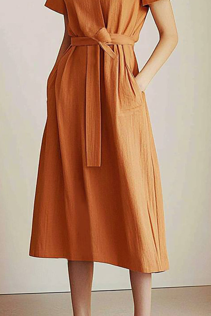 Casual Vacation Linen Dress Orange V-Neck with Pockets Midi Dress