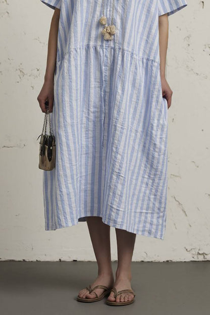 Casual Vacation Linen Dress Striped V-neck Loose Straight Midi Dress