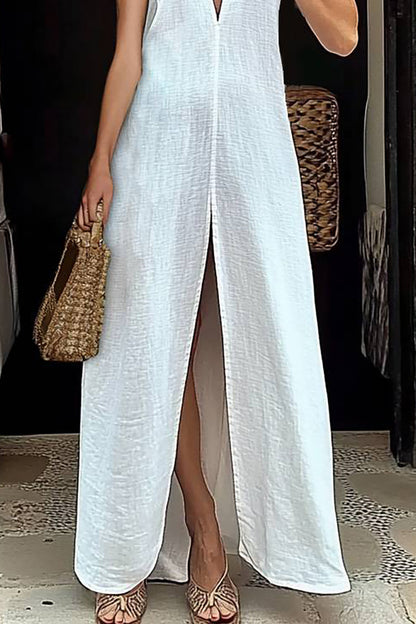 Vacation Casual Dress Sleeveless Deep V High Split Pure White Maxi Dress