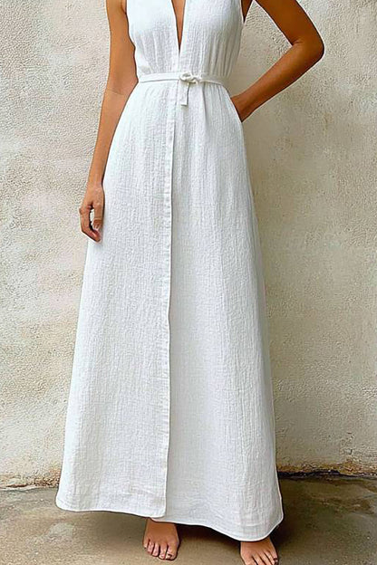 Casual Vacation Linen Dress White Deep V-Neck Sleeveless Tied Maxi Dress