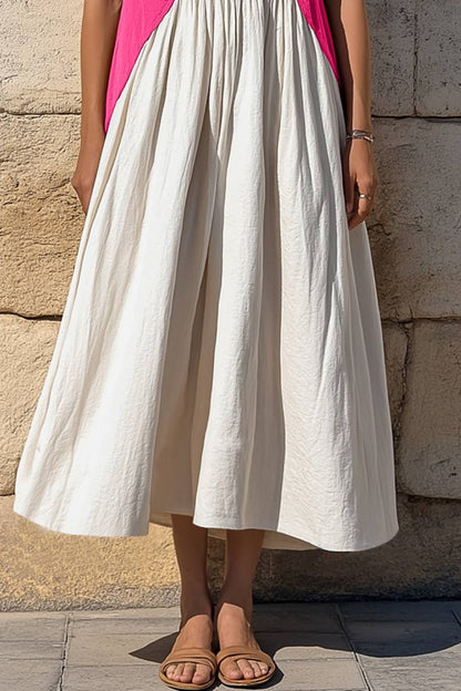 Vacation Casual Loose Dress White Crew Neck Color Block Short Sleeve Maxi Dress