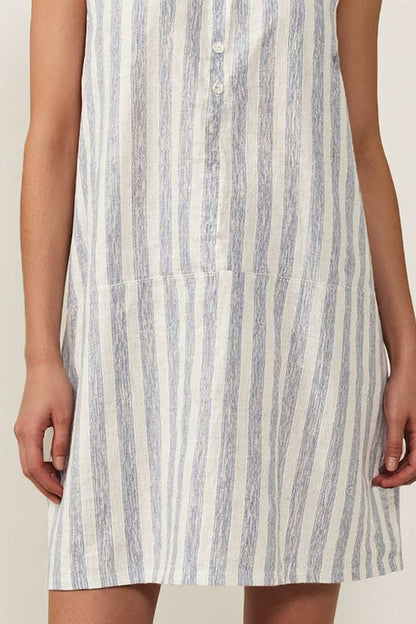 Holiday Casual Linen Dress Striped Button-Down Collarless Sleeveless Short Dress