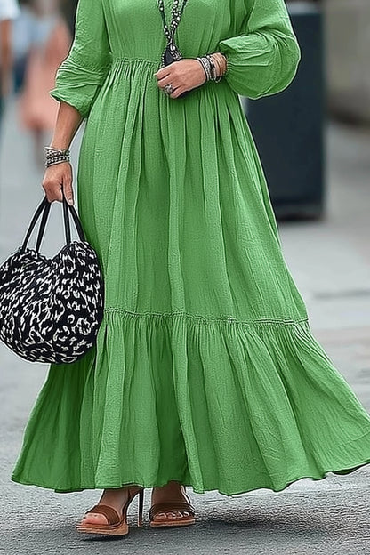 Vacation Casual Loose Dress Green V-Neck Long Sleeve Maxi Dress