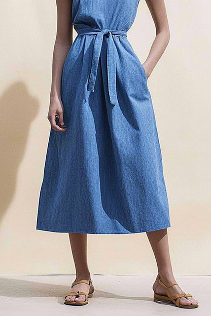 Casual Daily Denim Dress V-Neck Belted with Pocketed Midi Dress