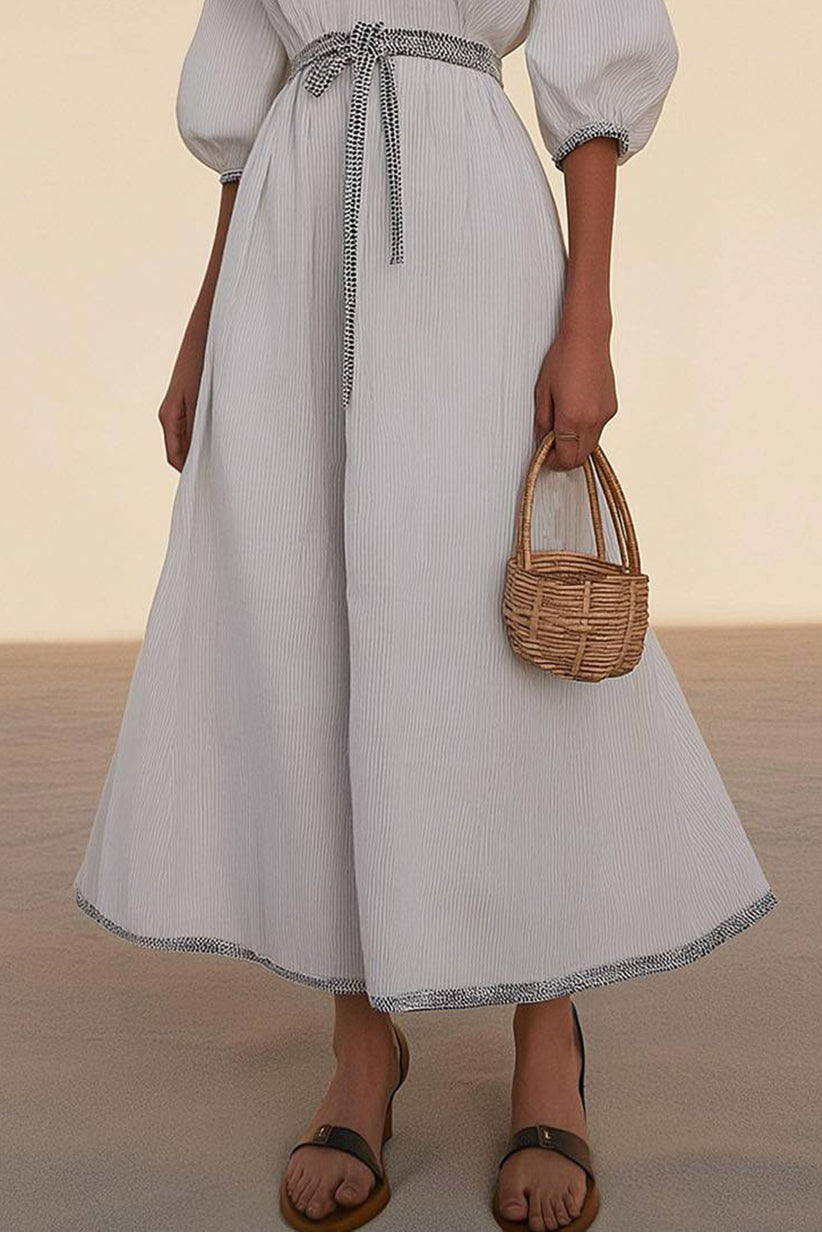 Casual Holiday Dress V-Neck Puff Sleeves Tie-Up Loose Cotton and Linen Dress