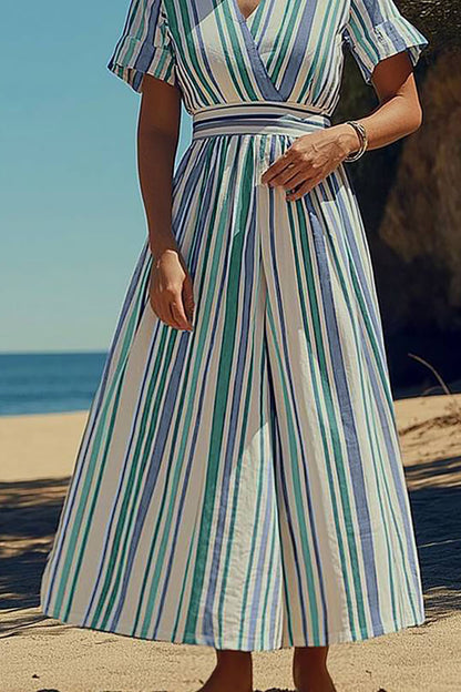 Casual Daily Striped Dress V-Neck Blue, White, and Green Short Sleeve Maxi Dress