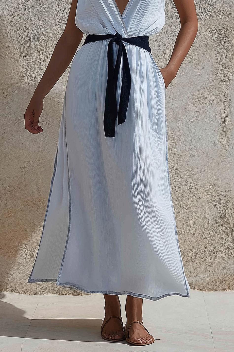 Beach Vacation Dress Linen White Sleeveless Deep V Tied Side Slit Maxi Dress