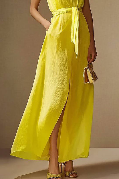 Daily Vacation Dress Sleeveless Round Neck Pocket Side Split Maxi Dress