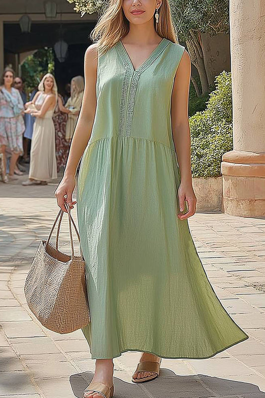 Vacation Casual Dress Light Green V-Neck Sleeveless Maxi Dress