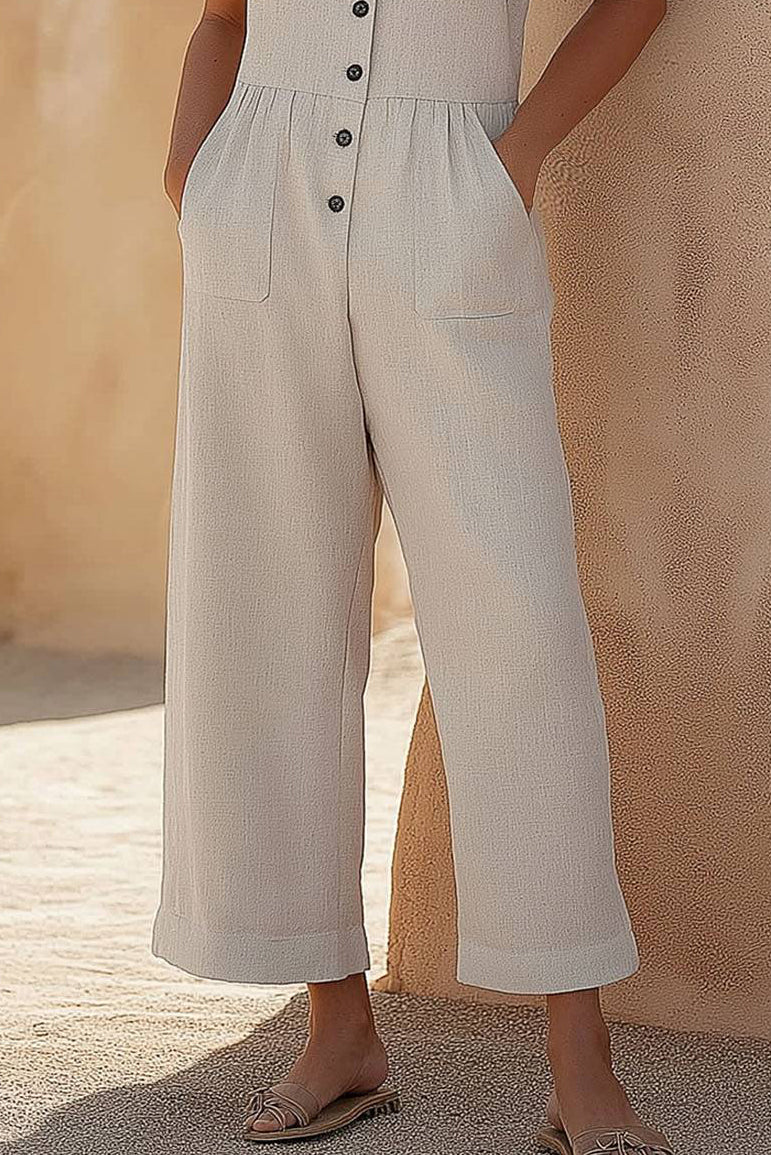 Casual Daily Beige Jumpsuit Sleeveless with Pockets Button-up Long Pants