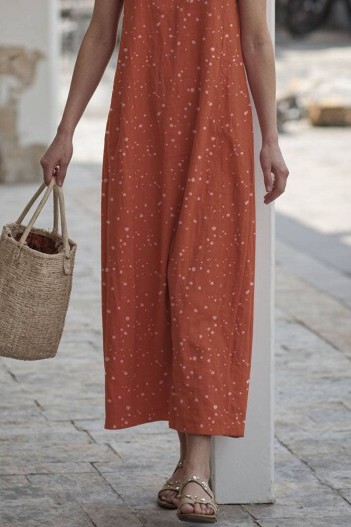 Casual Daily Floral Dress Brown Linen Floral Crew Neck Sleeveless Midi Dress