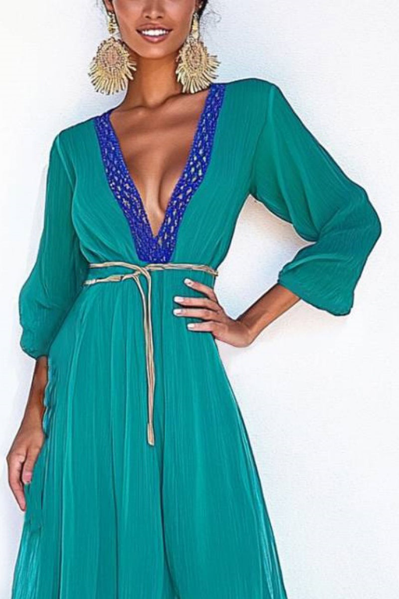 Vacation Casual Loose Dress Green Deep V Neck Lace Long Sleeve Maxi Dress