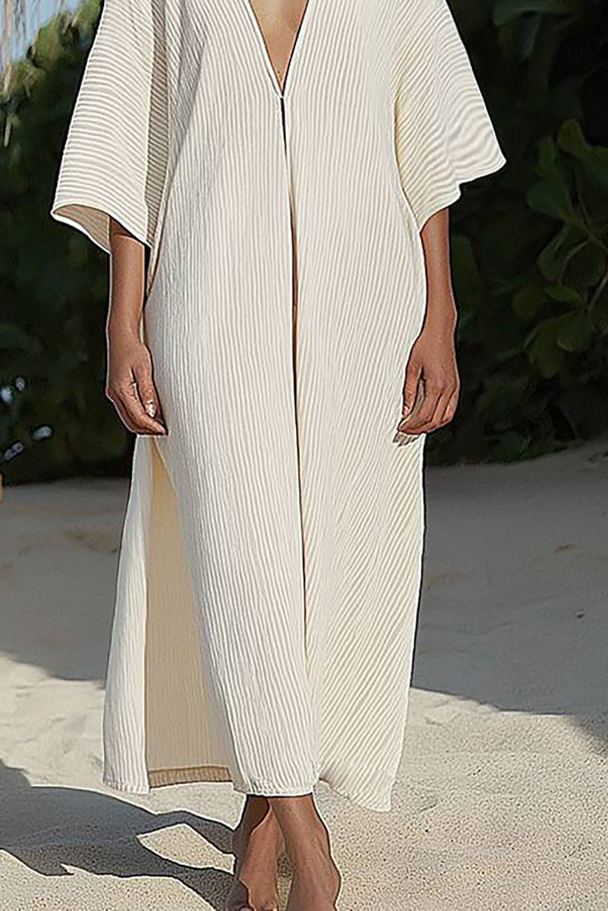 Casual Vacation Loose Dress Pleated Deep V Off-White Maxi Dress