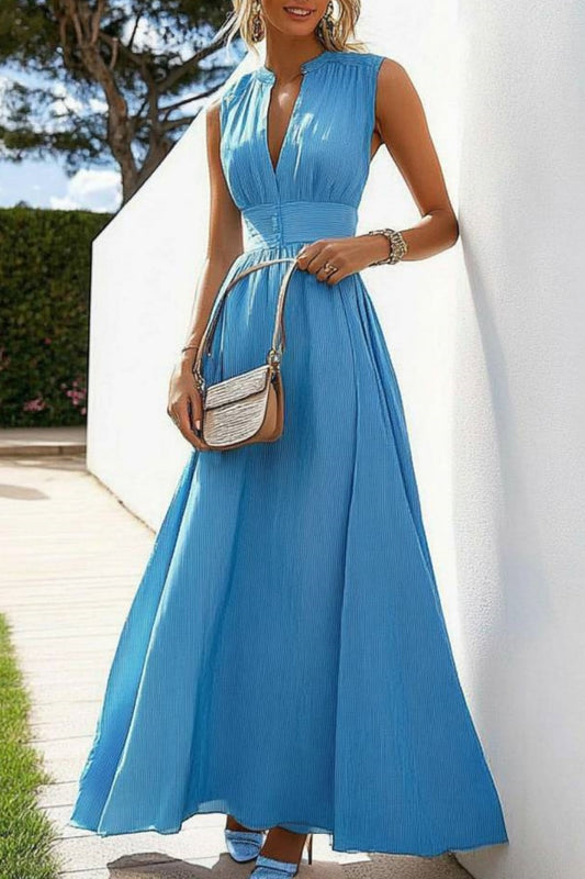 Vacation Casual Dress Regular Fit Blue V Neck Sleeveless  Maxi Dress