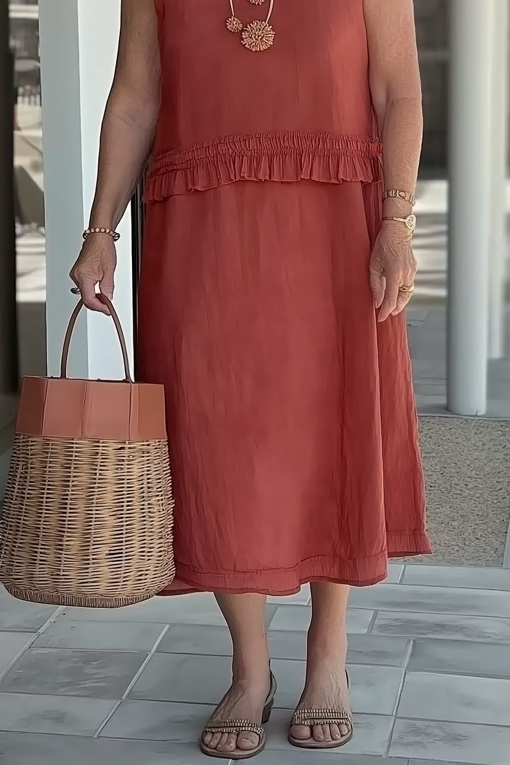 Vacation Casual Loose Dress Linen Brown Ruffle Sleeveless U-Neck Midi Dress