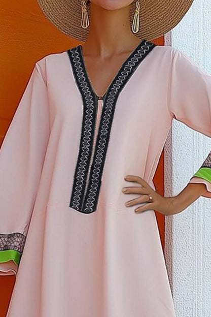 Vacation Casual Loose Dress Pink V Neck Graphic Long Sleeve Midi Dress