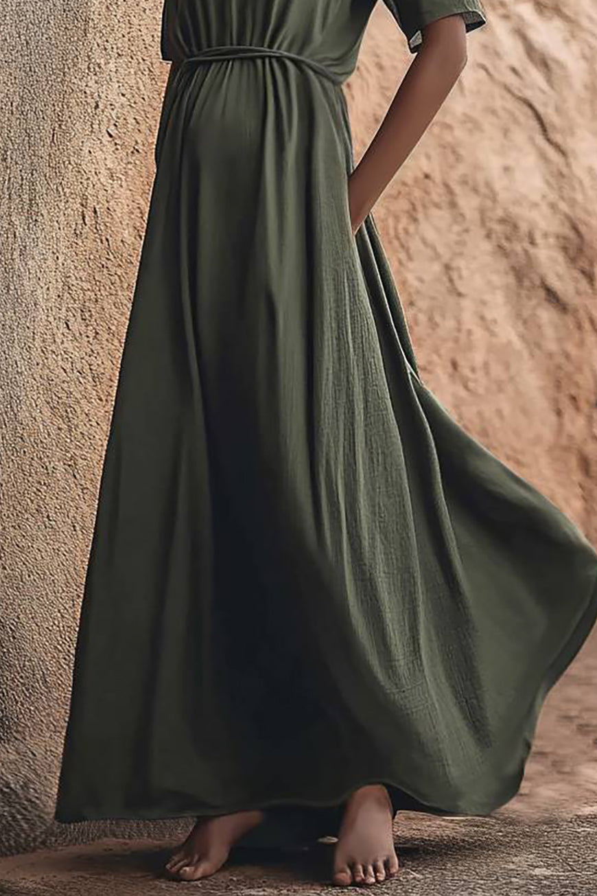 Bohemian Vintage V-neck Pocket Linen Flowing Maxi Dress