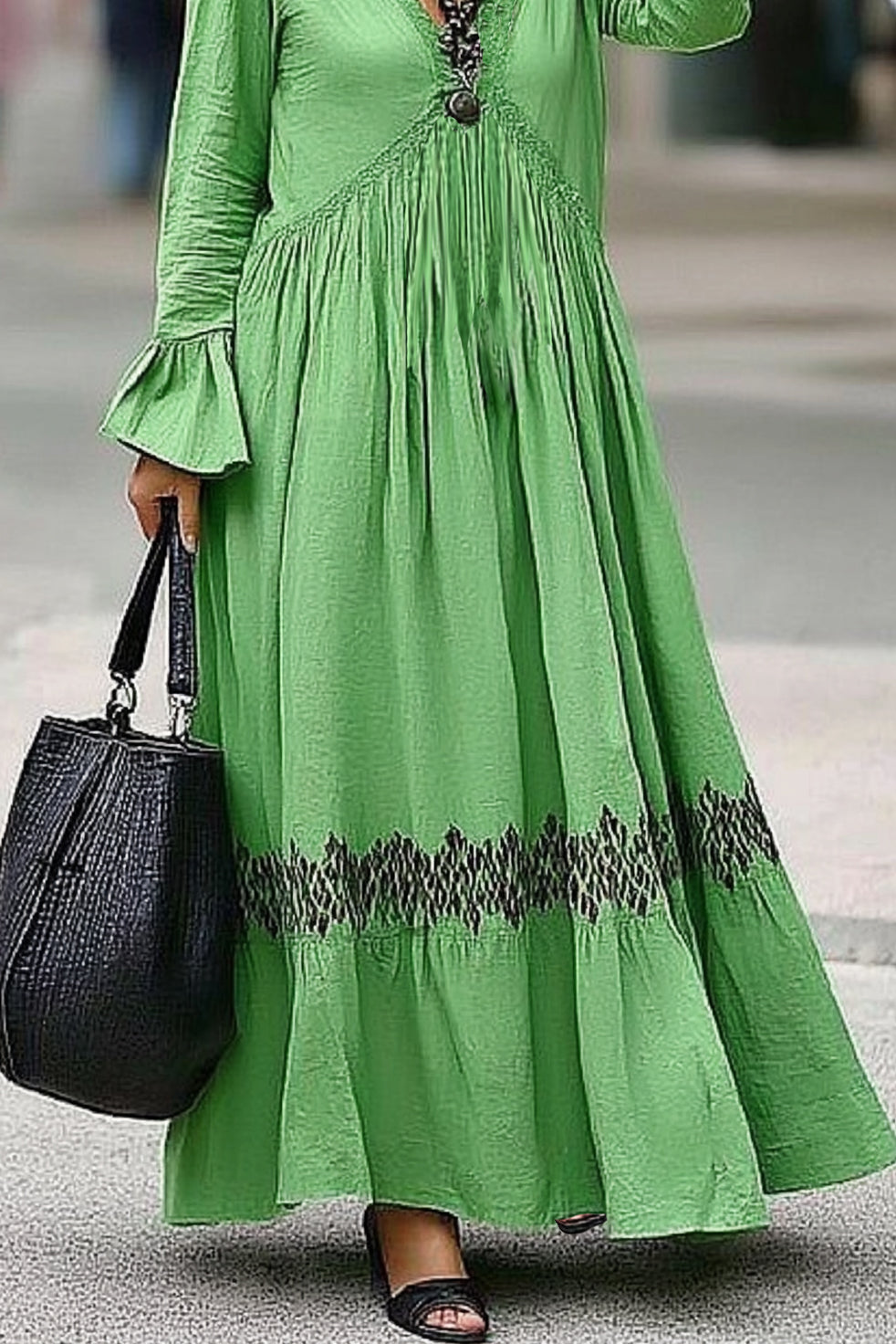 Casual Daily Loose Dress Green V-Neck Ruffle Long Sleeve Maxi Dress