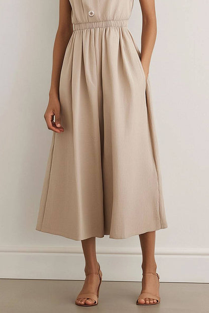 Casual Linen Dress with Pockets Round Neck Sleeveless Elastic Waist Midi Dress