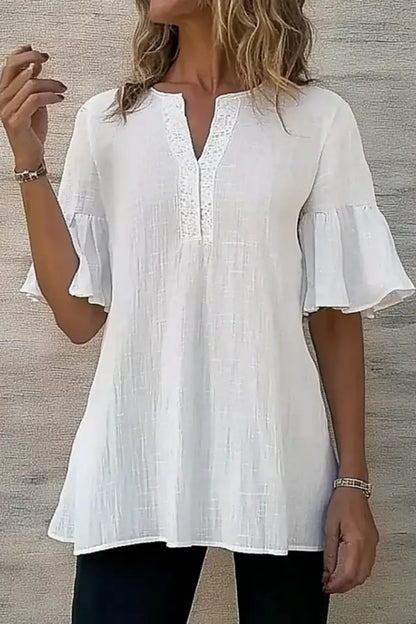 Basic Casual Top V Neck White Ruffle Half Sleeve Top