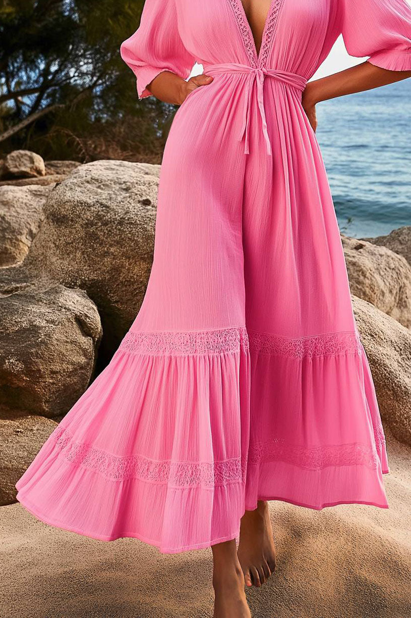 Casual Vacation Linen Dress Pink Tie Deep V Maxi Dress